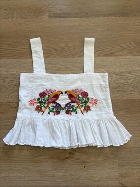 White Embroidered Parrot Ruffle Hem Crop Top